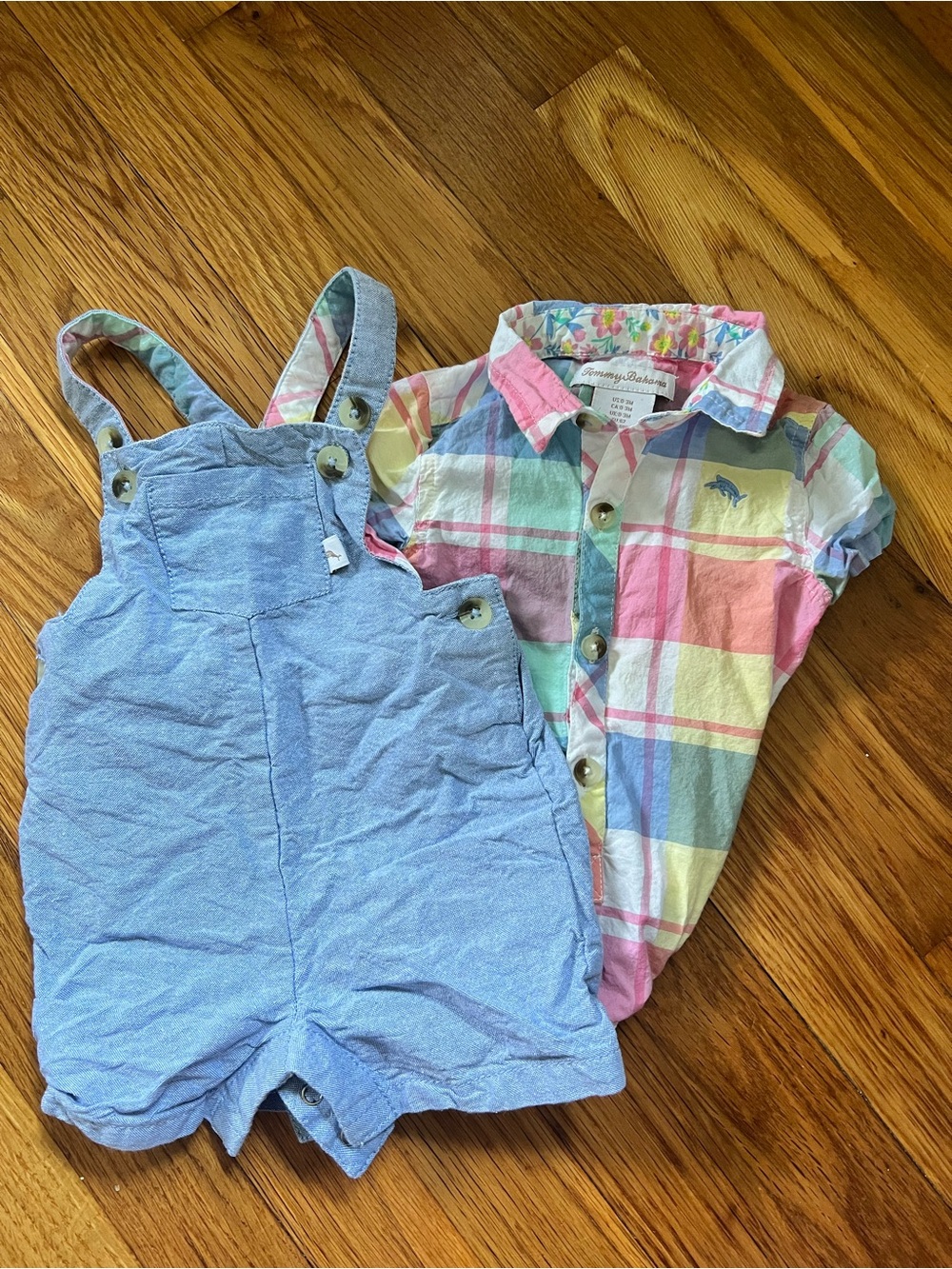Tommy Bahama Pastel Plaid Shirt Summer Beach Vacation Denim Blue Overalls 0-3